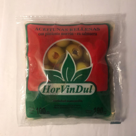 Aceituna verde rellenas en sachet 100 grs. HOR VIN DUL