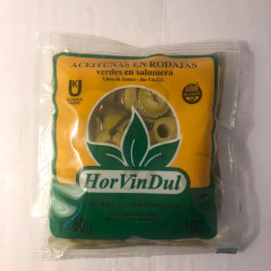 Aceituna verde en rodajas en sachet 100 grs. HOR VIN DUL